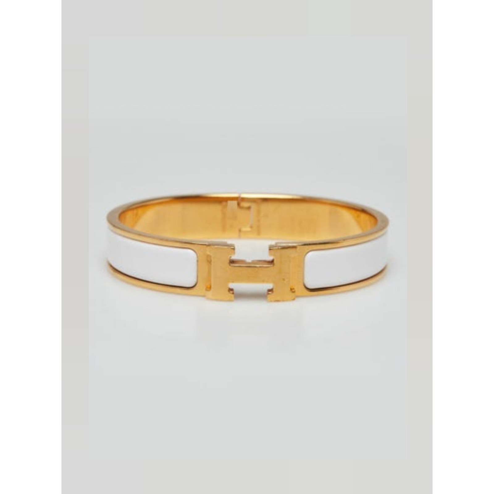 Herms White Enamel Gold Plated Clic-H Narrow Pm Bracelet